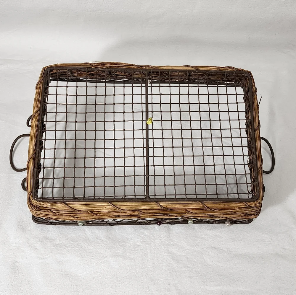 Rustic Rectangular‎ Woven Wicker Basket With Wire Handles and Frame